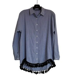 ZARA Blue and White Striped Button Down with Black Tassels on Hem